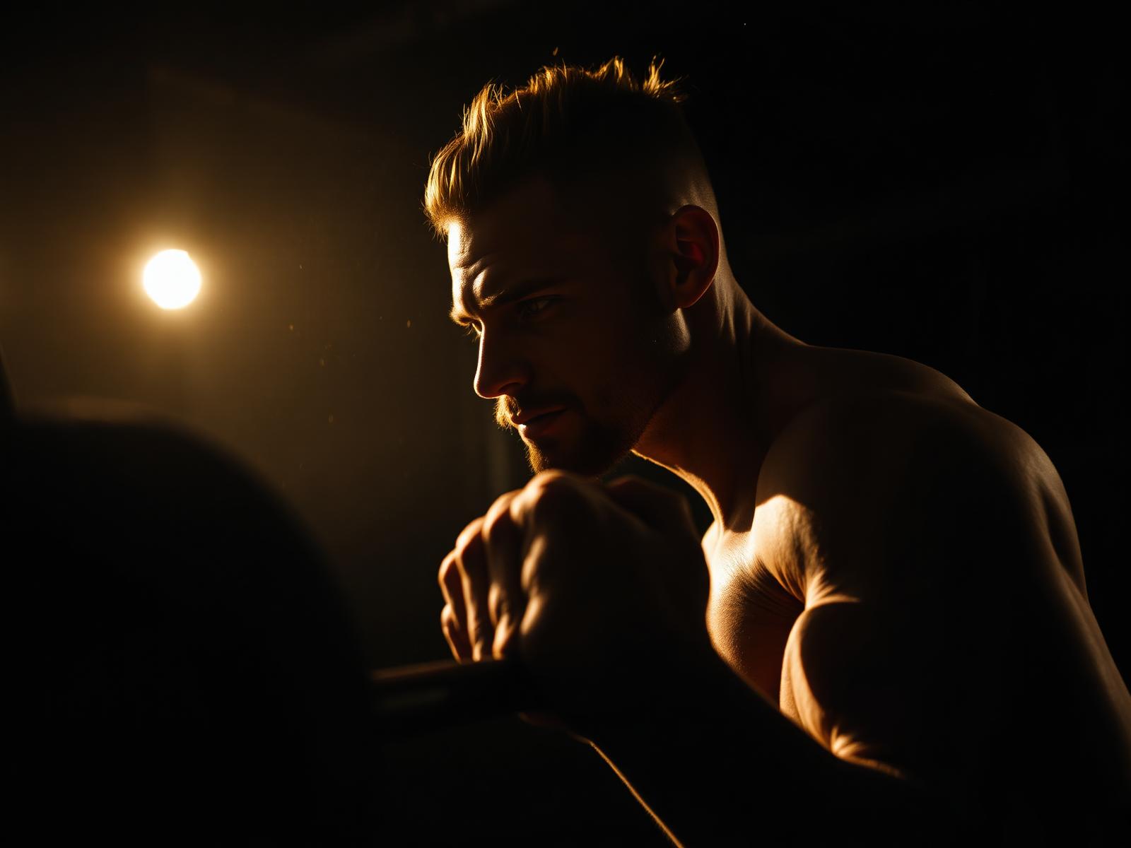 Athlete gripping barbell in dark gym